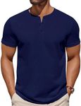 COOFANDY Shirts for Men Vacation Shirts Henley Cotton T Shirts Men Short Sleeve Button Closure with Split Side Navy Blue