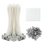 250 Pcs Candle Wicks Accessories Bulk, 100 Pcs 20CM Wicks + 100 Pcs Sticker Dots + 50 Pcs Metal base, MaehSab Smokeless Pre-Waxed Cotton Core Long Wicks 8in for DIY Candle Making Gift