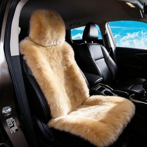 OGLAND Sheepskin Fur Car Seat Covers, Universal Size Australian Long Wool Car Seat Cushion for Adult Man Women, 1 Piece Seat (Carmel Brown)