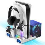 Fosmon PS5 Cooling Fan Stand with Controller Charger RBG LED Light for PS5, Playstation 5 Slim / Digital, Dual Fast Charging Dock Station for DualSense/Edge Controller, 10 Game Slots, Headset Holder