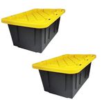 HOMZ Durabilt 15-Gallon Storage Tote with Flip Lid, Heavy-Duty Storage Bin with Snap-on Lid, Black and Yellow, 2 Pack