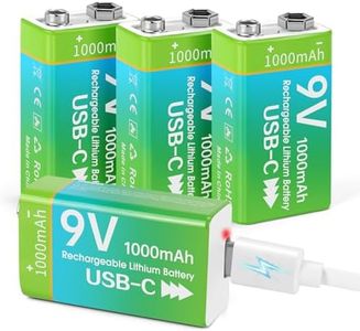 volkate Rechargeable 9V Batteries for Smoke Detector, 4 Pack 1000mAh 9 Volt Lithium 6F22 Square Battery with USB-C Charging Cable for Smoke Alarms