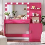 MIRROTOWEL 46.7" Vanity Desk with Mirror & LED Lights, Dressing Table with 2 Large Drawers & Vertical Organizer, 3-Tier Storage, 3 Adjustable Lighting Modes, Makeup Desk for Bedroom