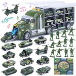 CUTE STONE Army Transport Carrier Truck, Toy Vehicle Playset W/Sound & Lights, 12 Mini Military Trucks Included,Push and Go,Learning and Play Gift for Toddlers Kids Boys