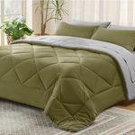 Bedsure Olive Green Queen Comforter Set - 7 Pieces Reversible Queen Bed in a Bag Queen Bed Set with Comforters, Sheets, Pillowcases & Shams, Queen Bedding Sets