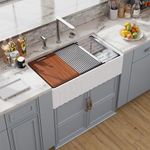 33 White Farmhouse Sink Reversible Workstation, Hugsleek Undermount Farm Kitchen Sink 33x20 inch Apron Front White Porcelain Ceramic Fireclay Sinks Accessories Single Bowl Under Counter Farmer Basin