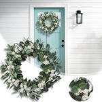 20" Eucalyptus Wreath (White Berries), Home and Farmhouse Green Decorations, Wedding Decorations for Front Doors, Porches, Windows, Mantels Seasons, Spring, Summer, Fall and Winter.