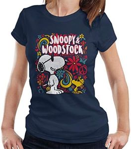 Peanuts 70s Floral Snoopy and Woodstock Women's T-Shirt Navy Blue