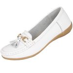 Ladies Nautical Wide FIT Leather Smart Loafer Tassel Moccasin Flat Slip On Comfort Shoe Size 4-8 (UK 5/ EU 38, White)