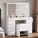 DWVO Wooden Makeup Vanity Desk Set with XL LED Mirror and Power Outlets, 11-Drawer Dressing Table with Storage Bench and Magnifying Glass for Bedroom, Pearl White