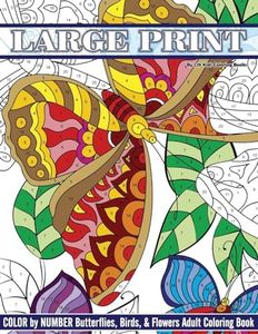 Large Print Color By Number Butterflies, Birds, and Flowers Adult Coloring Book: Volume 81