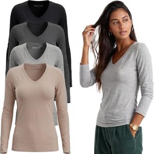 Emmalise Long Sleeve V Neck T Shirt Women Tee - 4pk-black,white,hgray,taupe, 2XL