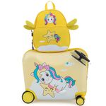 HOMFME 2 PCS Kids Luggage Set, 18 Inch Children Ride on Suitcase with 12 Inch Backpack, Anti-Lose Rope， Adjustable Handle, Boys Girls Carry on Suitcase Trolley Case for Travel School (Yellow, Unicorn)