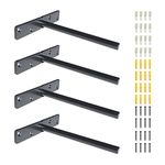 Premium Heavy Duty Floating Shelf Brackets - Solid Steel Wall Mounted Bracket for Concealed Wood Shelves with Screws & Wall Plugs for Drywall & Concrete Wall - Invisible Hidden Supports (4 Pcs, Black)