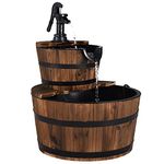 COSTWAY Wooden Water Pump Fountain, 2 Tier Barrel Waterfall Fountain with Water Speed Adjustment and Plastic Lining, Outdoor Cascading Water Feature for Garden
