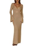 Saodimallsu Womens V Neck Crochet Maxi Dresses Bell Sleeve Bodycon Long Dress Hollow Out Summer Beach Vacation Cover Up, Khaki, X-Large