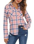 Enjoyoself Women's Plaid Flannel Button Down Shirt Roll Up Long Sleeve Casual Blouse Tops, Pink Blue, Small