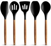 Zulay Kitchen Utensils Set Non-Stick Silicone Cooking Utensils Set with Authentic Acacia Wood Handles - 5 Piece Silicone Utensil Set - Silicone Kitchen Utensils Set with 464°F Heat Resistance - Black