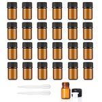 Alledomain 24Pcs, 2Ml Amber Glass Essential Oils Bottles, Empty Mini Bottles with Orifice Reducers Black Caps Refillable Sample Container for Essential Oils Lab Chemicals Perfume Cosmetic Liquid