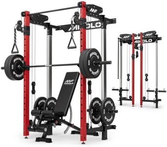 Mikolo Folding Squat Rack, Wall Mounted Power Rack with Cable Crossover Machine & LAT Pull Down, Functional Trainer with 5 Adjustable Function Modes, Basic Home Gym Package with Weights (Red)