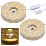 2 Pack Wooden LED Light Base 3.9in Warm Light Display Base with 1.5Meter Line Length Round Rotatable Display Stand Base for Acrylic Night Light Crystal Ball