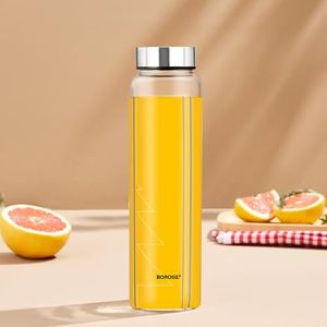 Borosil Sintra Glass Bottle, 1L, Wide Mouth, Silver Metal Lid, Stylish Design, 100% Borosilicate, Fridge Safe, Leakproof, Easy to Carry, Store Water, Lassi, Juice, Smoothies, Dishwasher Safe