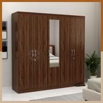 WoodenStreet™ Mahin 5 Door Wardrobe Furniture For Clothes, Cupboard Wooden Almirah For Bedroom With Hanging Rod, Mirror, Lock And Handles,1 Year Warranty, Engineered Wood, Columbian Walnut Finish