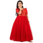 Stanwells Kids Girls Shade Premium Embroider Maxi Full Length Frock Ruffle Pattern Back Zipper Beautiful Puff Cap Sleeve Baby Girls Silk Birthday Perfect Long Gown Dress Frock Red (7-8 Years)