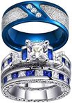 3pc Couple Ring Bridal Sets Women White Gold Plated Blue Sapphire Cz Man Titanium Band Wedding Ring for Him and Her