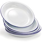 Dicunoy Pack of 5 Enamel Plates, 9.5" Unbreakable Enamelware Dinner Serving Platter Trays, Retro White Round Shallow Bowls with Blue Rim for Pasta, Salad, Camping, Outdoor, Picnic, BBQ