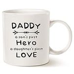 This Unique Father's Day Gifts Ceramic Coffee Mug for Dad Christmas Gifts, Daddy a Son's First Hero, a Daughter's First Love Best Holiday Gifts Porcelain Cup, White 11 Oz