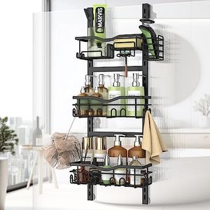 Dysaim Estanteria Baño para Colgar 3 niveles con Gancho, Cesta Ajustable sin Taladro, Estante de Ducha de Acero Inoxidable para Puerta de Cristal sin Marco