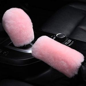 OGLAND Fluffy Natural Fur Sheepskin Car Gear Shift Handle Level Stick Knob Covers for Automobile Selector Handball Collar, Handbrake Cover (Korean Pink)