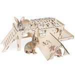 Teabelle Wooden Rabbit Hideout House, Multi-Chamber Bunny Tunnel Playhouse with Feeder and Ladder, Small Animal Habitat Decor for Dwaf Bunny Chinchilla Hedgehog Guinea Pigges