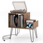 COSTWAY Record Player Stand with Charging Station, Turntable Stand End Side Table with Dividers and Shelf for 145 Albums, Metal Legs Vinyl Record Storage Cabinet Holder for Living Room (Rustic Brown)