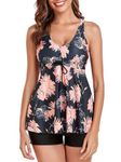 FLYILY Womens Print Strappy Tankini Sets Tummy Control Bathing Suits Cross Back Tankini Top(BlackFlower,M)