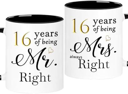 WOSIWULA 16 Year Anniversary Coffee Mugs Set of 2, 16 Years of Being Mr Right/Mrs Always Right, 16th Wedding Anniversary Decorations Gifts Presents Cups for Couple Parents Grandparents, 11oz