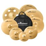 Arborea Cymbal Pack for Drum 8 pcs Super Polishing Cymbals Set Brilliant Gold Hero Series Include 14"Hihats 16"Crash 18"Crash 20"Ride Bonus 10" Splash 16"Ozone Stacker 18" China Cymbal Free Cymbal Bag