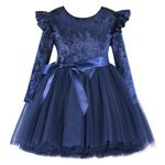 Flofallzique Girls Velvet Dresses Winter Toddler Long Sleeves Dress Tulle Baby Tutu for Special Occasion (8,Navy)