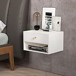 RANK Floating Nightstand Modern White Nightstands Side Table Wall Mounted Shelf with Drawer Storage for Living Room, Bedroom