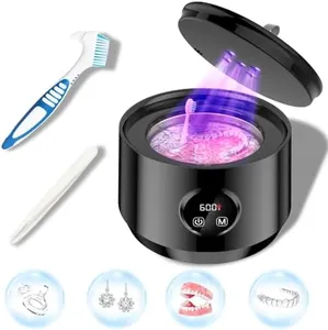 3 IN 1 Ultrasonic Jewelry Cleaner,48kHz Professional Portable Ultrasonic Retainer Cleaner Machine with 5UV-Light and LED Digital Timer for Retainer, Mouth Guard, Watch, Ring -Home and Travel Use-Black