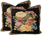 Tache Black Tapestry Floral Cushion Cover - Pink Rose Vintage French Country Rustic Midnight Awakening Accent Woven Throw Pillow Cover, Set of 2 Piece, 18 x 18 inches