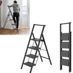 SAILUN Folding Step Ladder, 4-Step, With Handrail, Steel Construction, Non-Slip Rubber Mats, Widened Steps, 250KG Load Capacity, Suitable for Home, Office, Garage, Black