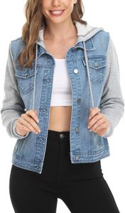 WUDODO Women's Layered Drawstring Casual Hoodie Denim Jackets Jean Jacket Coat with Pockets