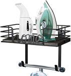 TJ.MOREE Ironing Board Hanger Wall Mount- Laundry Room Decor- Iron and Ironing Board Holder, Laundry Room Organization and Storage with Large Storage Dark Gray Wooden Base Basket and Removable Hooks