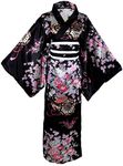 Women's Kimono Costume Adult Japanese Geisha Yukata Sweet Floral Patten Gown Blossom Satin Bathrobe Sleepwear with OBI Belt (30-Long Black)