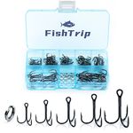 FishTrip 90pcs Fishing Treble Hooks with Split Rings,7 Sizes High Carbon Steel Brabed Sharp Triple Hook,Replacement Fishing Hooks on Hard Lures for Freshwater Saltwater