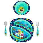 The First Years Baby Shark Dinnerware Set - Toddler Plates and Bowls Set - Includes 1 Toddler Plate, Toddler Bowl, and Toddler Fork and Spoon - 4 Count