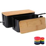 Cable Management Box Organizer, Set of 2 Bamboo Lid Large Storage Wire Holder to Conceal Hide Surge Protector, Power Strips & Floor Cord Cover- with 5 Cables Organized Tape for Home, Office, PC, TV