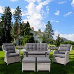 Chusstang 6 Seater Rattan Garden Furniture Set, Patio Rattan Dining Set, Aluminum Frame Sofa Armchair Furniture Set, Dining Table+Loveseat & 2 Armchair+2 Footstool Wicker Weave Furniture Set-Gray